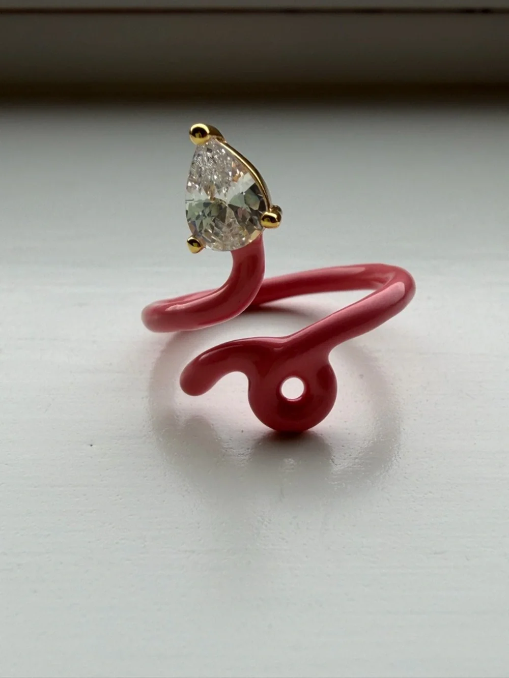 Adjustable Pink Open Snake Enamel Ring with Teardrop Crystal / Faux Gem